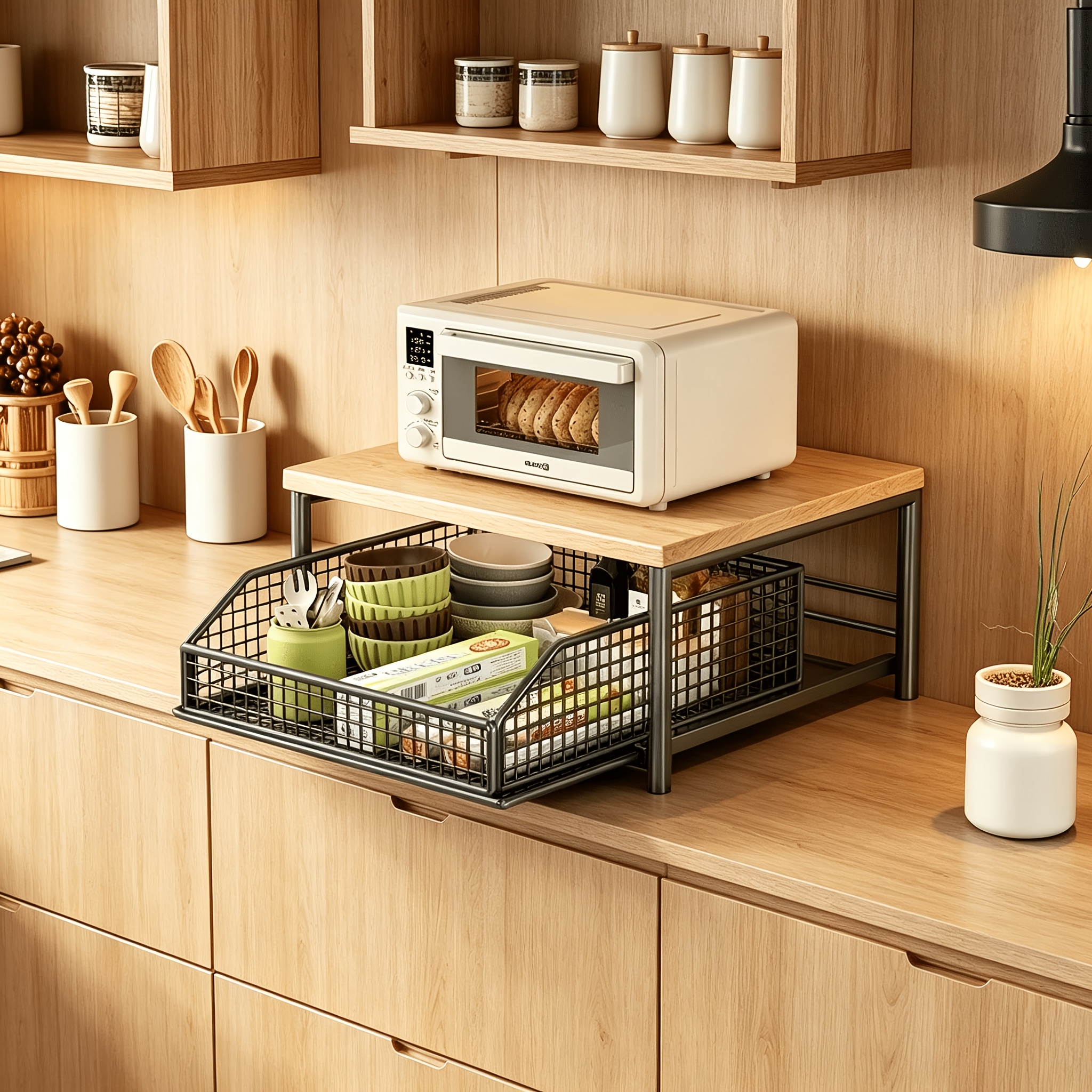 TEMU Space-saving Kitchen Countertop Organizer With Drawer And Metal Basket, Sturdy Hardwood And Carbon Steel Double-layer Storage Rack, Suitable For