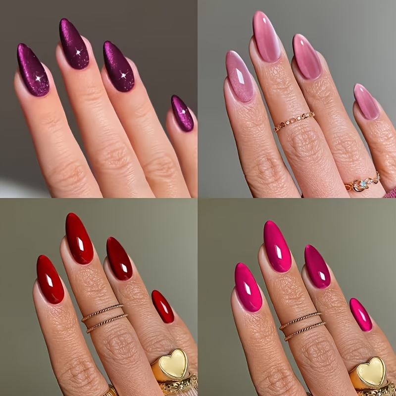 TEMU 96pcs Christmas Themed Shimmering Cat Eye False Nail Stickers In 4- - Red, Burgundy, Purple, And Pink With Glossy Finish, Fashionable Magnetic