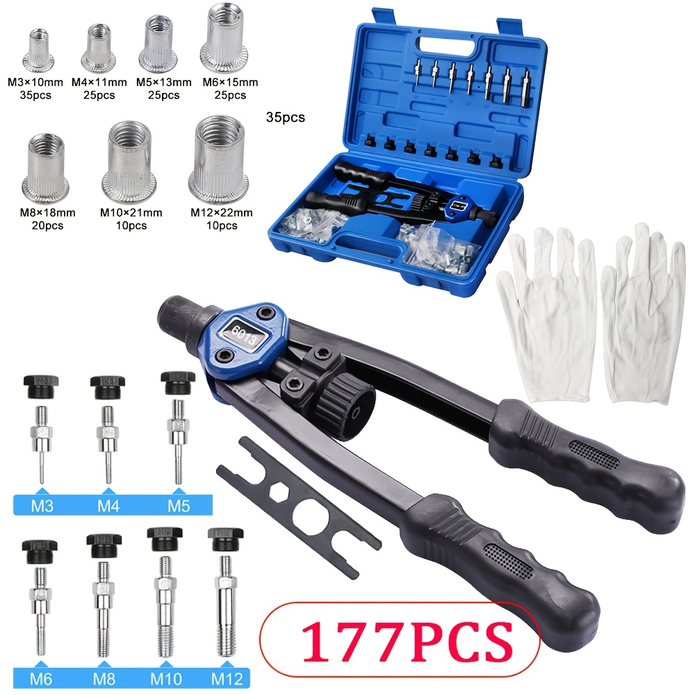 TEMU 167pcs/177pcs Manual /rivet Gun Nut Tool M3 M4 M5 M6 M8 M10 M12 Threaded Nut Rivet Kit, Durable Metal Construction, Manual Operation, No Power