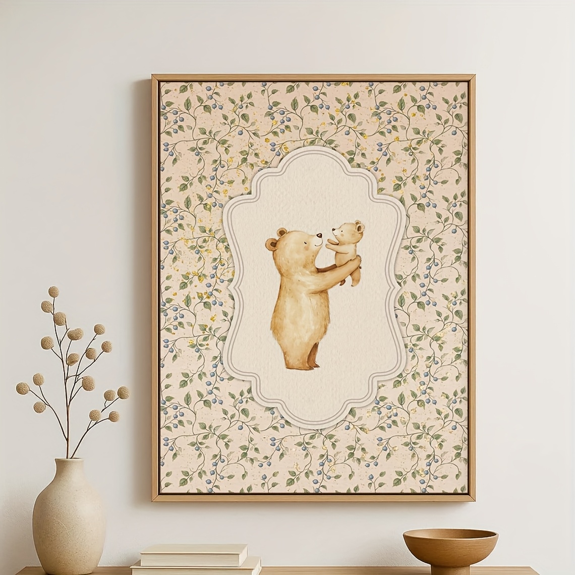 TEMU 2d Flat, 2d Flat, 2d Flat 1pc, Frameless - Vintage Bear Mom And Baby Print For Room, Sweet Floral Decor For Kids' Spaces, Art For Boys' And