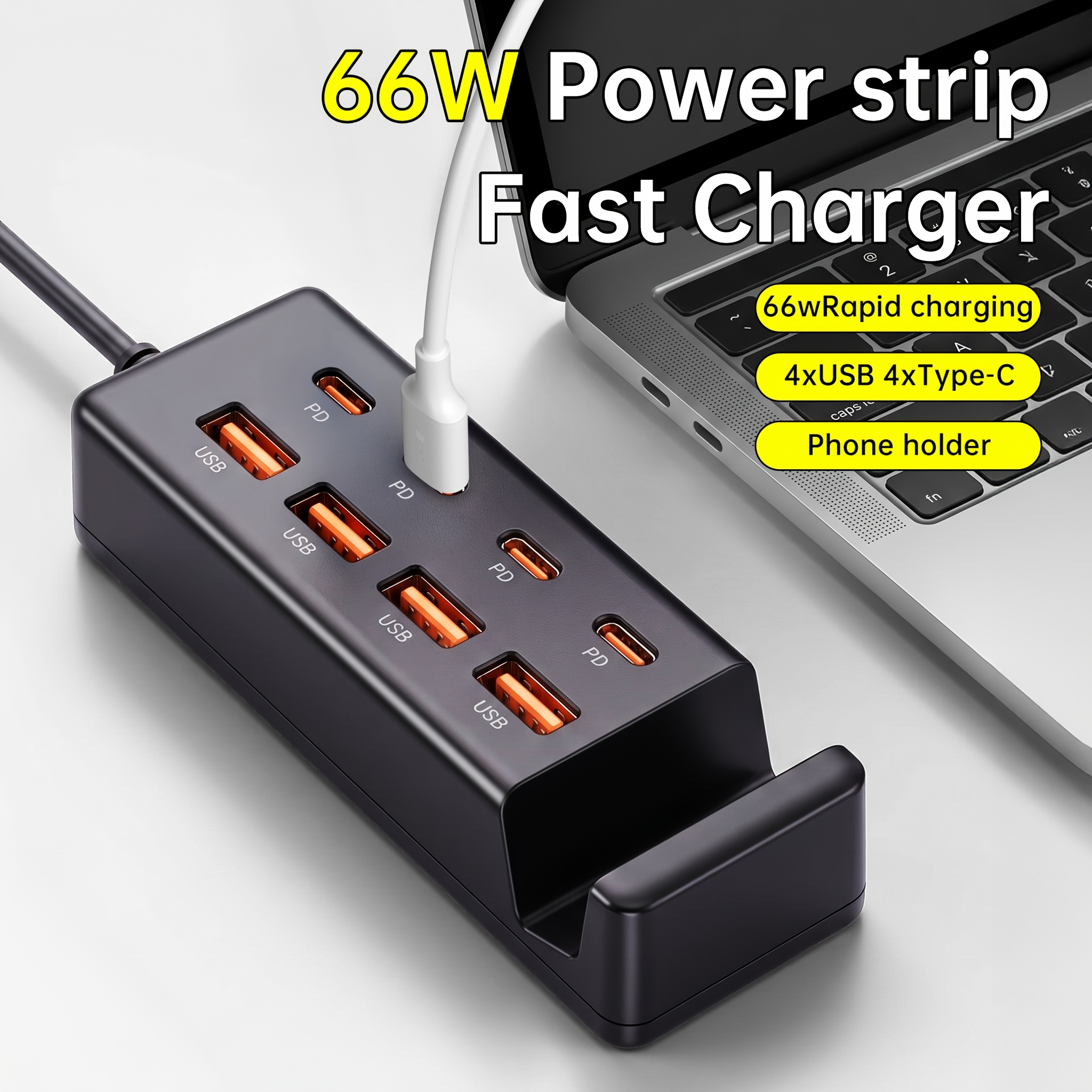 Namizni polnilnik s stojalom za telefon z 8 vrati, opremljen s 4× Type-C PD + 4× USB-A vrati, z držalom za telefon, podpira Type-C