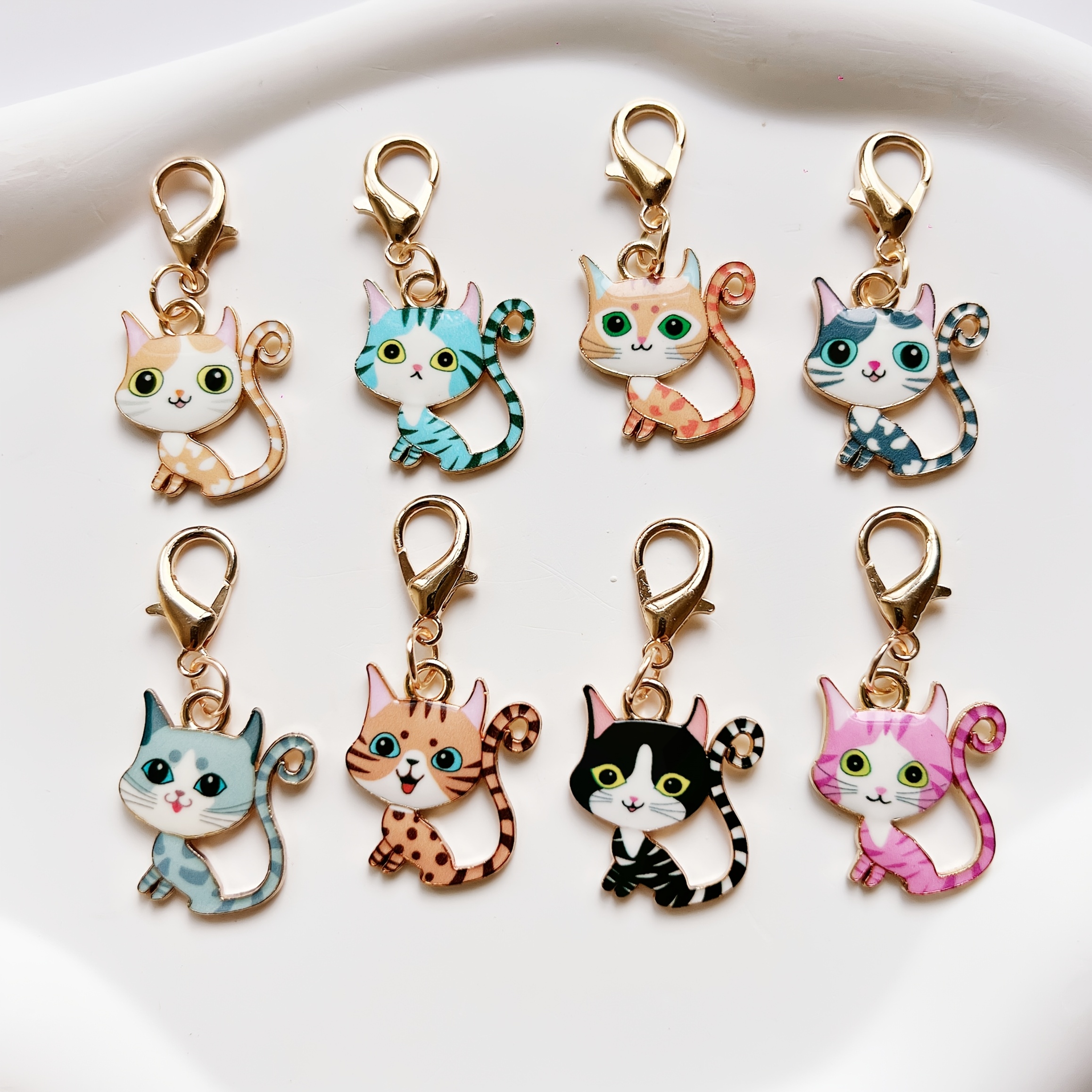 Image of 8pcs Cute Cartoon Cat Pendant Set, Pet Keychain, Clothing & Backpack Charm, Car Keyring, Phone Accessory, New Year Gift