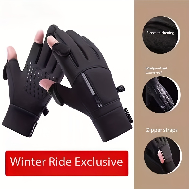 

1 Pair Winter Riding Gloves For Men, Two-finger Design, Polyester Fiber, And Waterproof, Zipper Closure, Non-textile Weave, Hand Washable - Essential For Motorcycle Delivery And Outdoor Activities