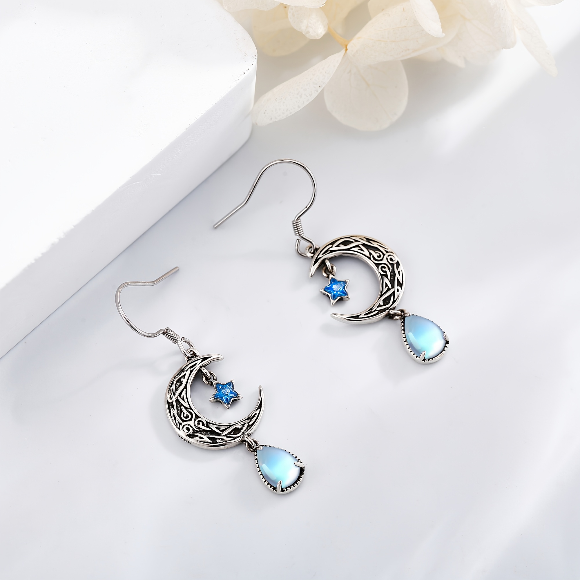 Women's Celtic Moon Earrings, Moonstone Dangle Design