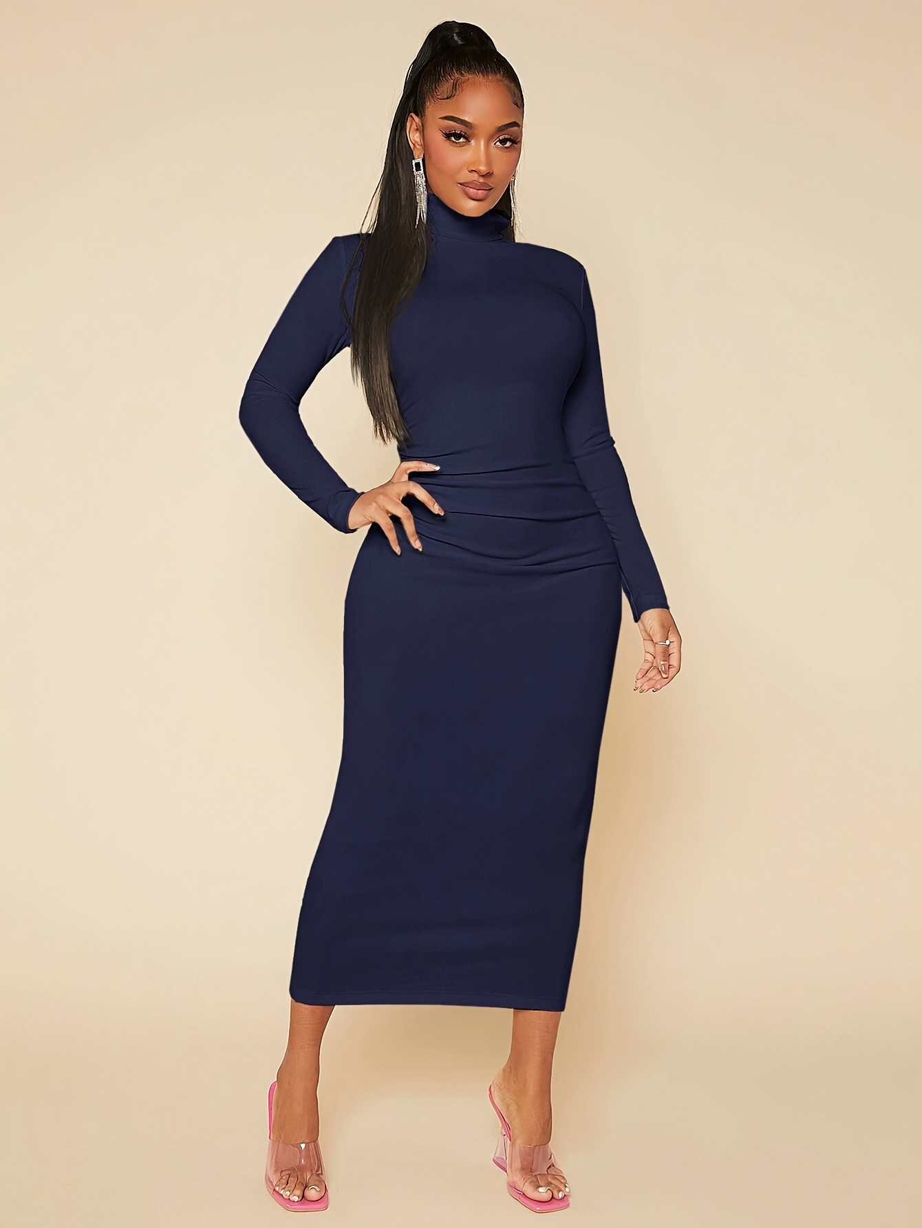 womens high neck long sleeve bodycon dress ruching detail Temu