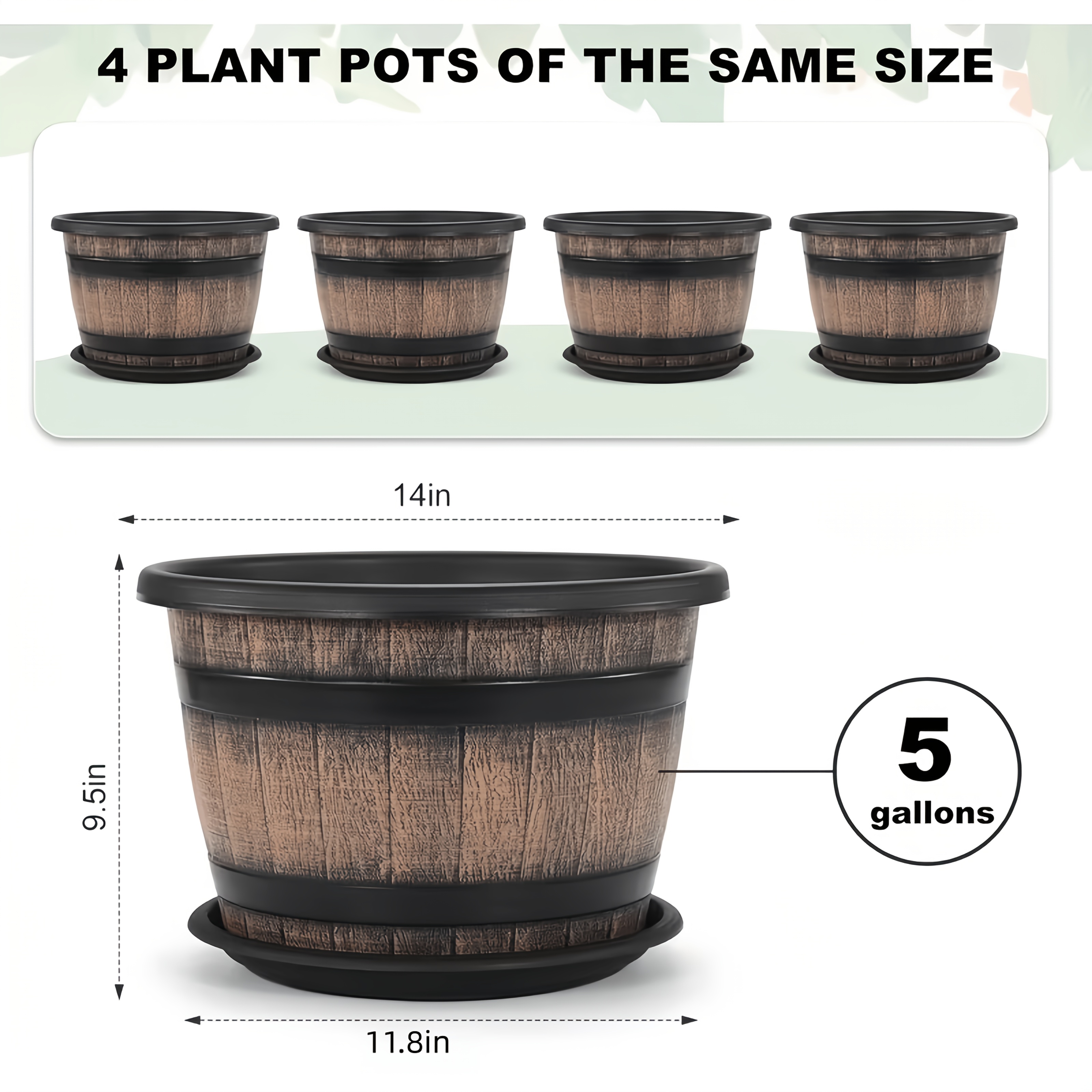 TEMU Plant Pot Set, 4pcs, 8/10/12/14 Inch, Large Whiskey -shaped Flower Pots With Drainage Holes And Trays. Plastic Flower Pot, Designed To A Wine ,