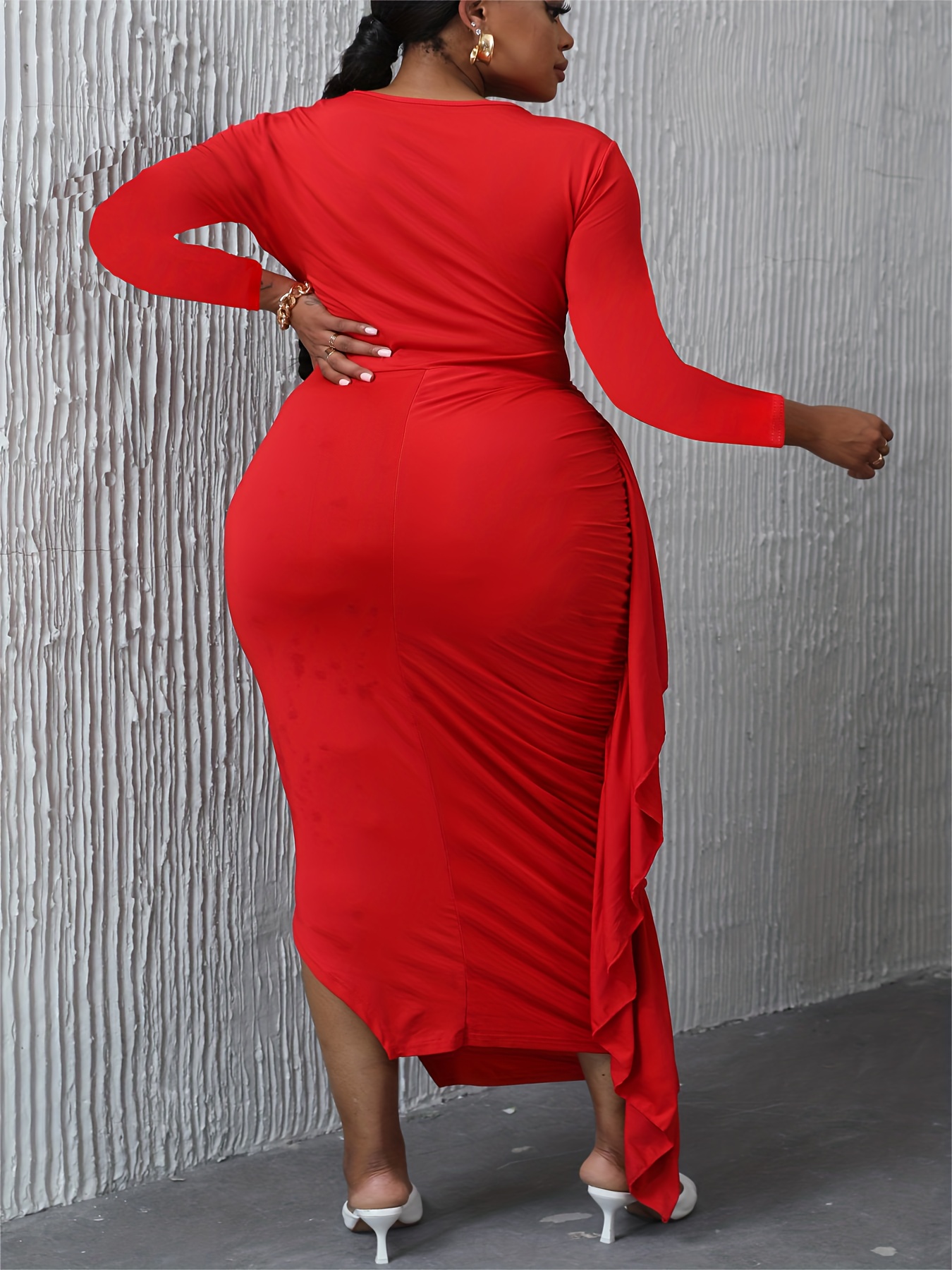 Plus Size Elegant Stretchy Bodycon Midi Dress Long Sleeve Round Neck  Solid Color Black with Pearl Accents Side *-Length Casual to  Semi-Formal