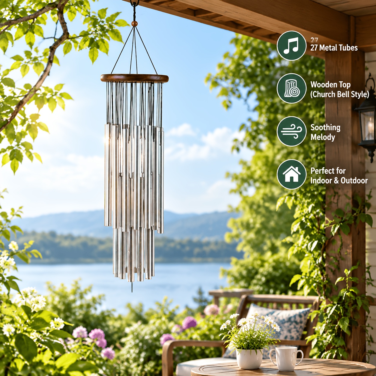 TEMU 27pcs Metal Wind Chimes. Ideal For Christmas And Halloween Festive Decorations. Wooden Top Church- Chimes, Suitable For Outdoor Garden Door