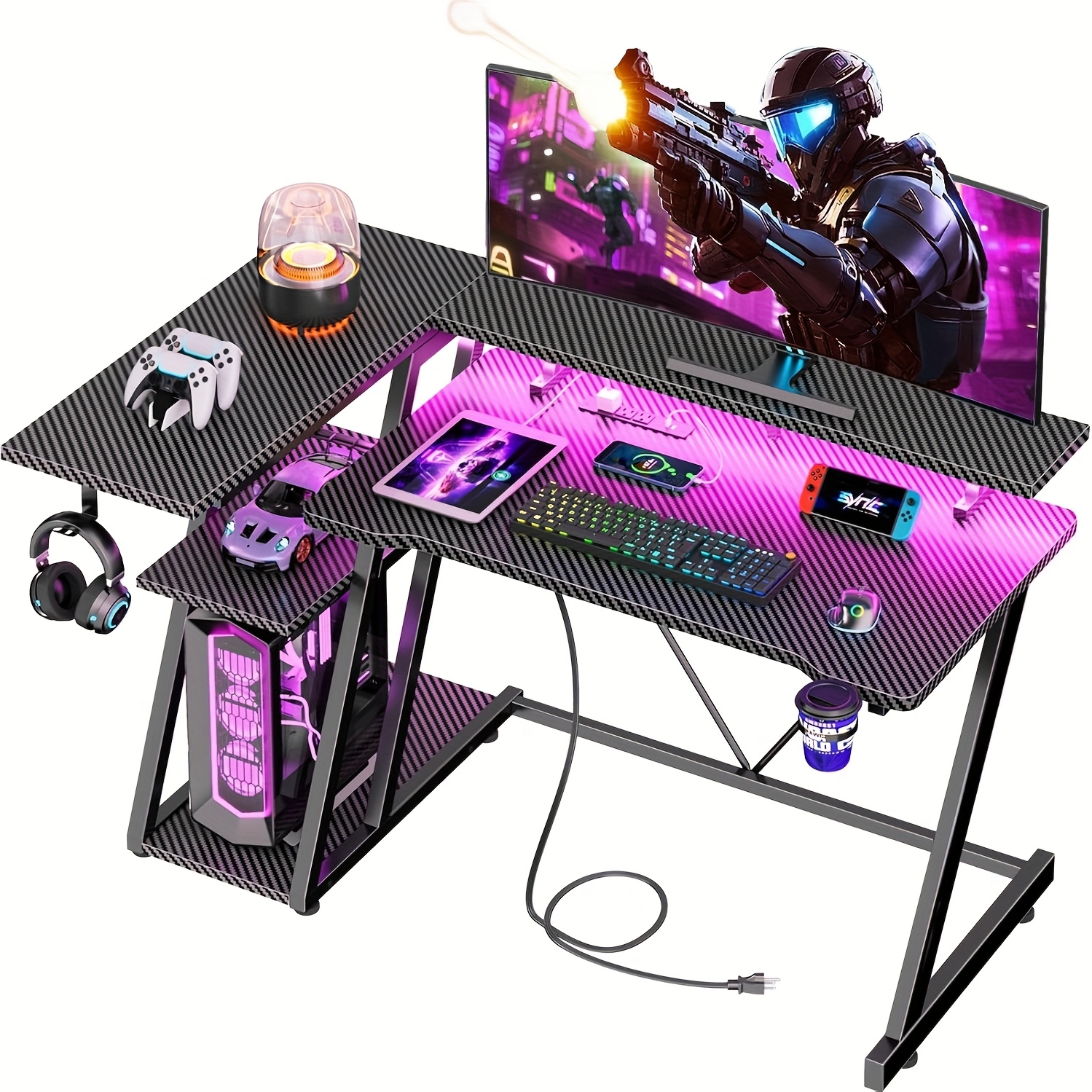 TEMU 39 Inch Gaming Desk With Power Outlet & Led Lights, L Shaped Computer Gaming Table With 3 Tiers Storage Shelves, Corner Gamer Desk With Monitor