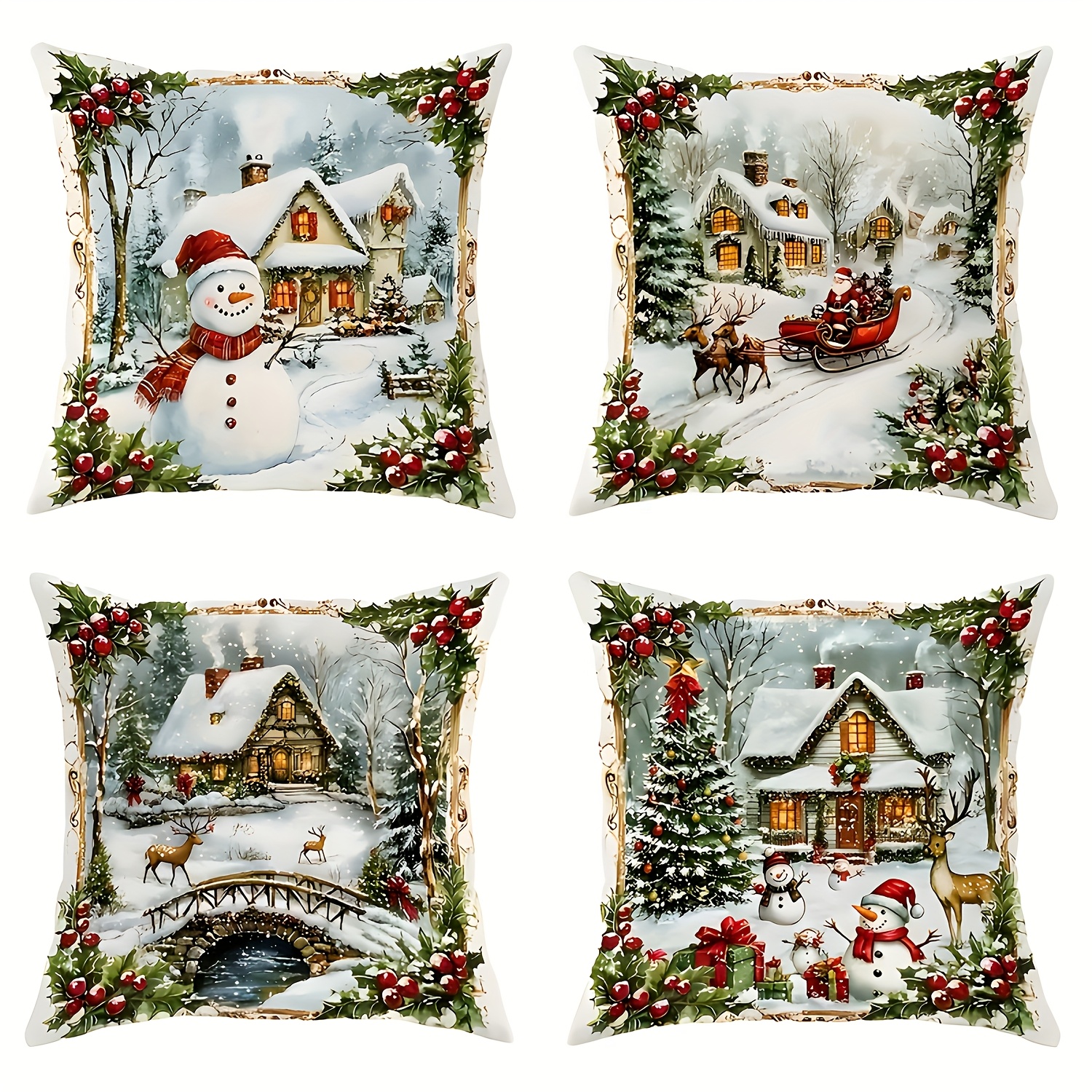 TEMU A Set Of 4 Christmas Decorative Pillow Covers - Modern Snowman, Santa Claus, Deer And Holly Print Covers - Machine Washable - Zippered - Modern