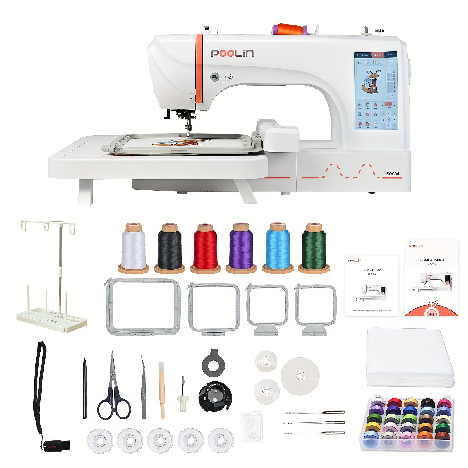 

Poolin Eoc06 Embroidery Machine 7.9x11 Inches Large Area For Clothing, 7 Inches Touchscreen For Beginners, Built-in 156 Patterns, Letter Embroidery, Come With Threads Backing Bobbins