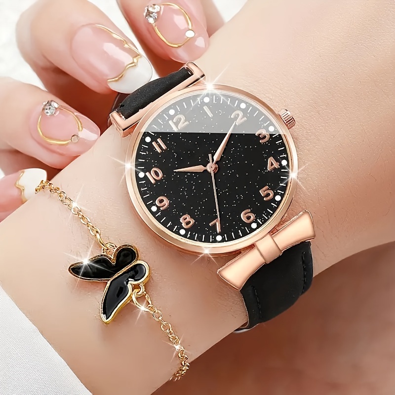 

2 Pcs Quartz Watches Pu Leather Strap Alloy Pointer Alloy Dial And Butterfly Bracelet For Women