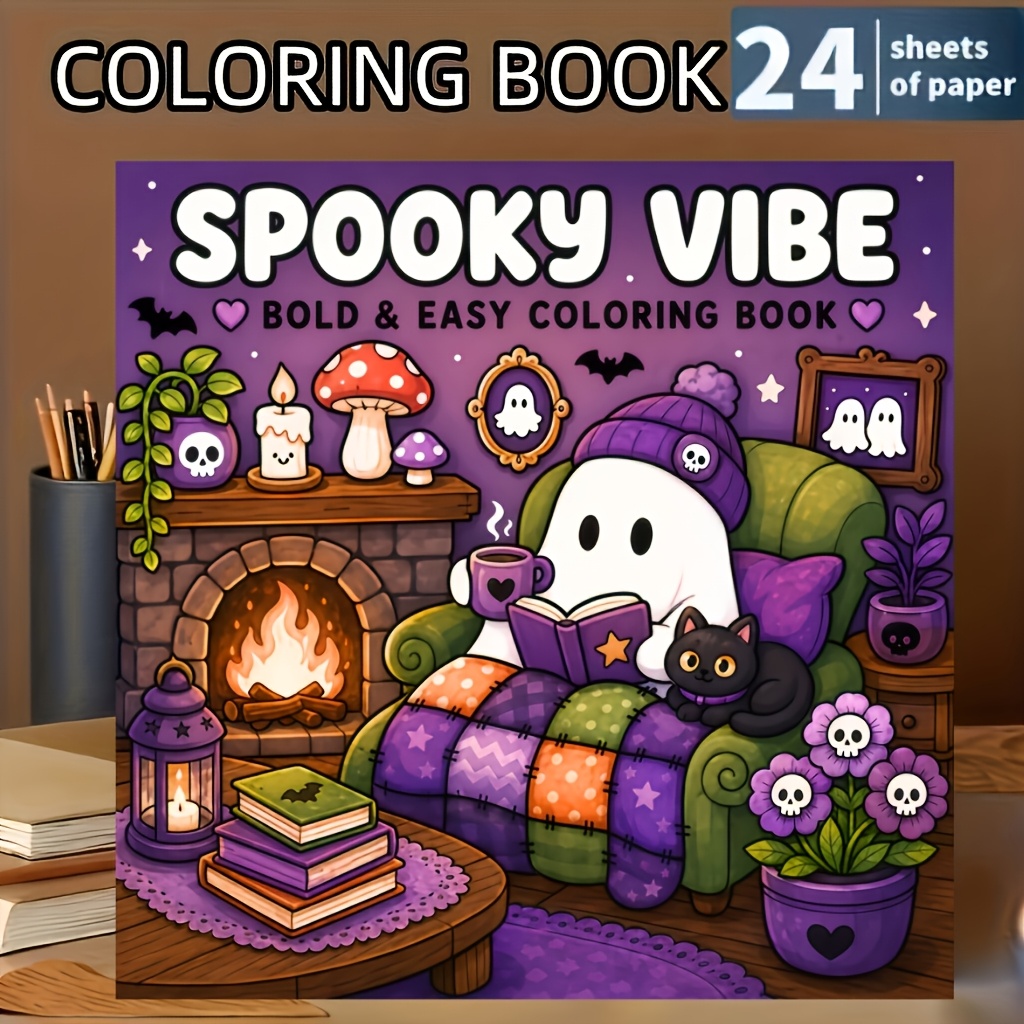 Image of Cozy Halloween Coloring Book, 24 Pages With Single-sided Designs, Featuring Warm Halloween Scenes, Soft , And Adorable . Ideal For , Relax, And Meditative Coloring. A Great Gift For Halloween