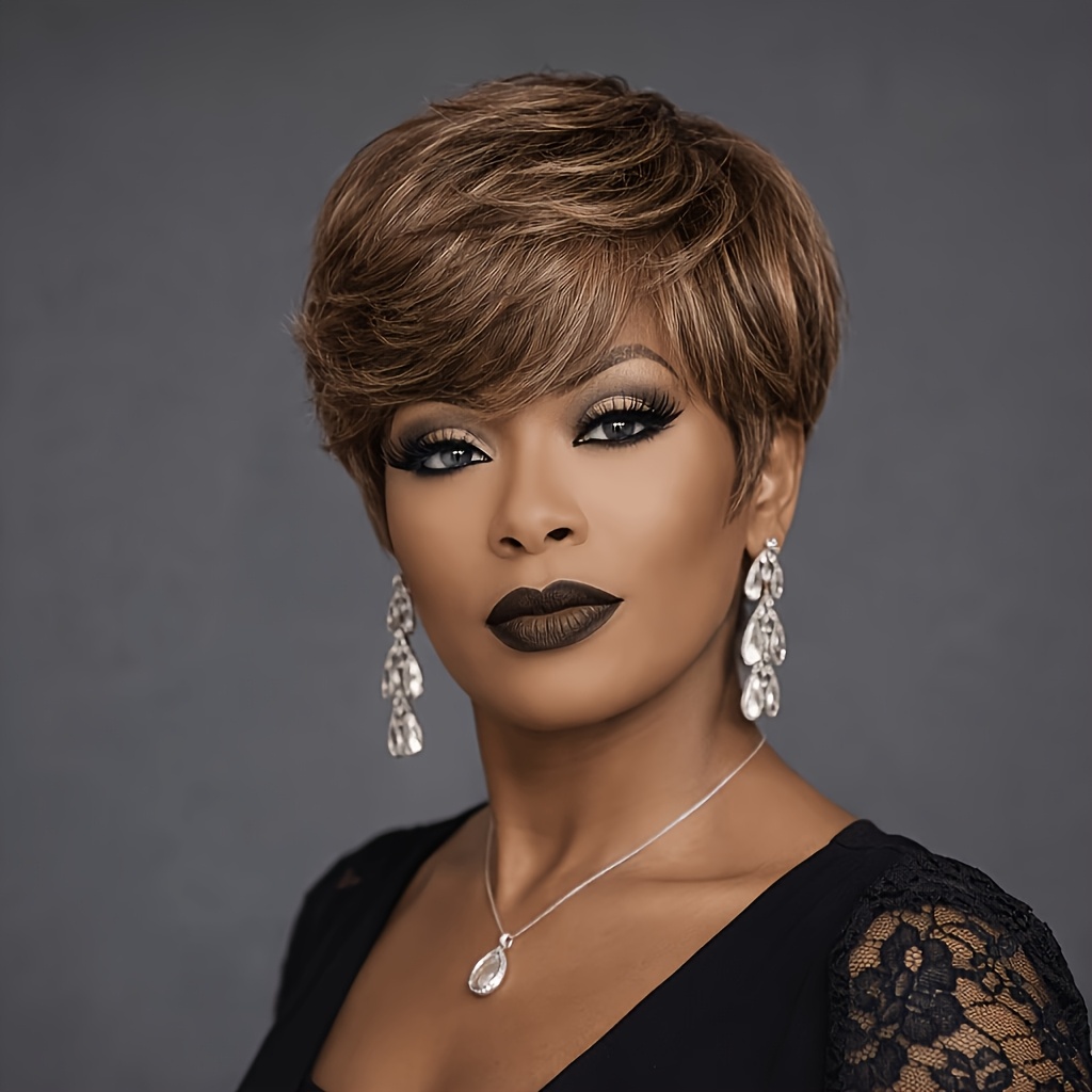 TEMU Short Cut Human Hair Wig Designed For Women, Featuring A Layered Short Straight Cut In A Blend Of Colors 4/27#. It Comes With Bangs And Is