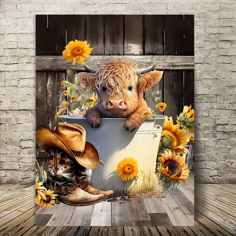 

Cowboy Highland Cow Canvas Art Print With Sunflowers, 1 Piece Framed Cartoon Illustration Wall Art For Bedroom, Living Room, Dining Room, And Kitchen Decor, Uv High-definition Print, 12x16 Inch