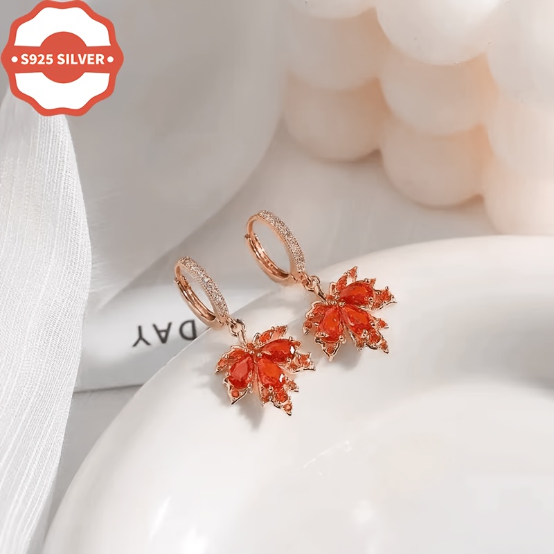 925 Silver Hypoallergenic Red Maple Leaf Dangle Earrings, Stylish Gift