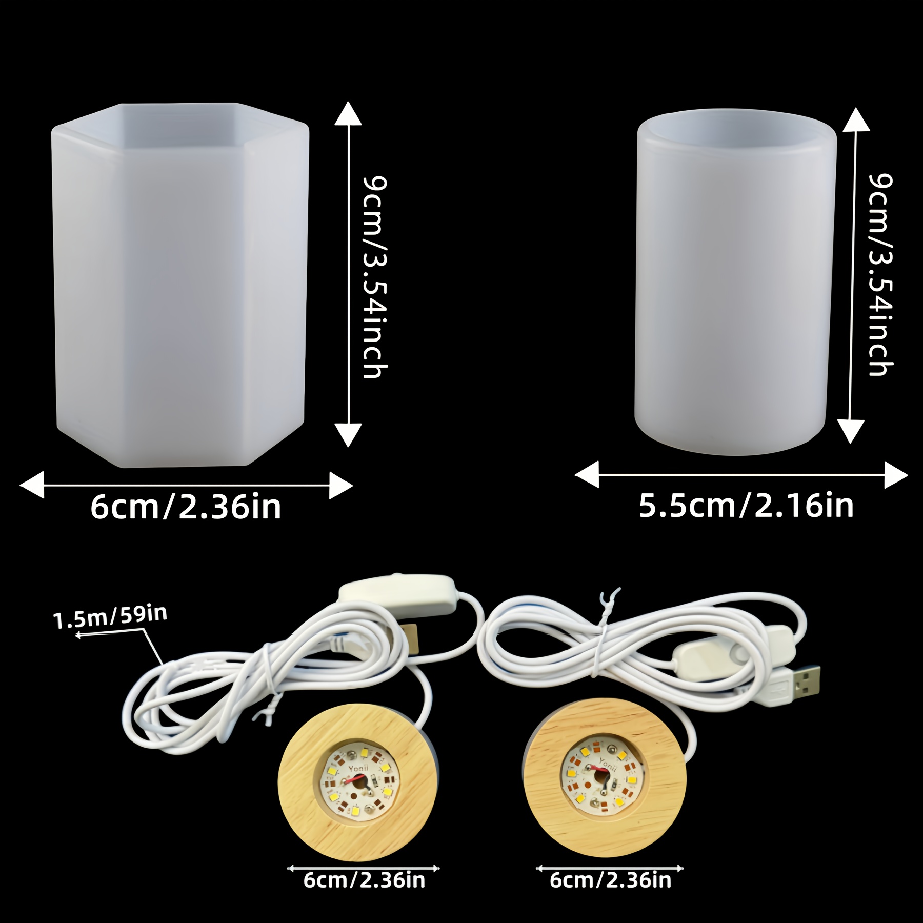 E-shop 4er-Set zylindrische Lampenharzformen, inklusive 2 zylindrischen Harzformen und 2 USB-betriebenen Holz-Lichtsockelhalterungen, für