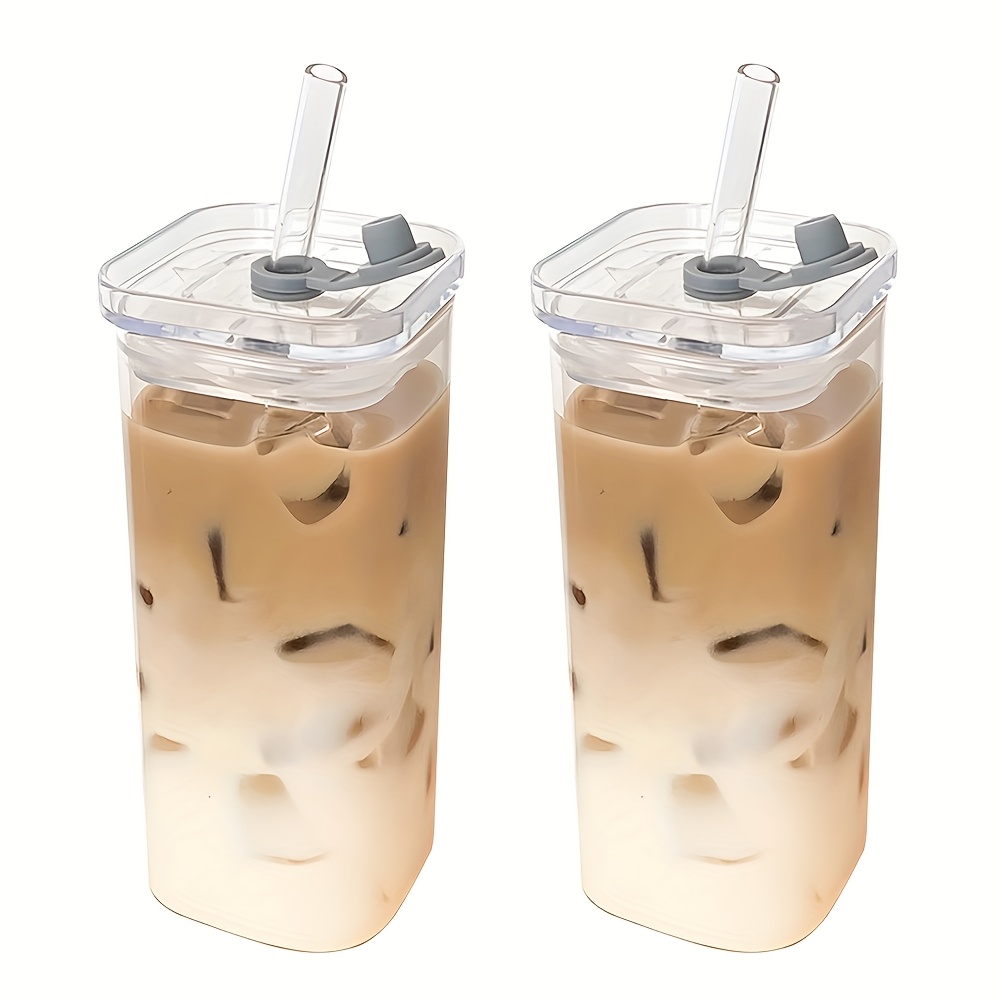 TEMU 2pcs Square Lidded Glass Cups, Portable Drinking Cups, Iced Coffee Cups, And Tea Cups With Lids/straws, Father's Day Cups, Office, Party