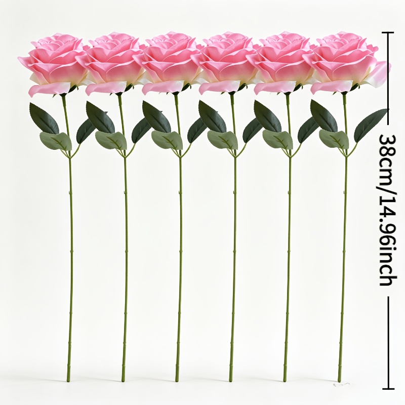 TEMU 6pcs Realistic Long-stem Artificial Roses - Gradient Plastic Roses, Suitable For Weddings, Mother's Day, Home Decor, And Holiday Table