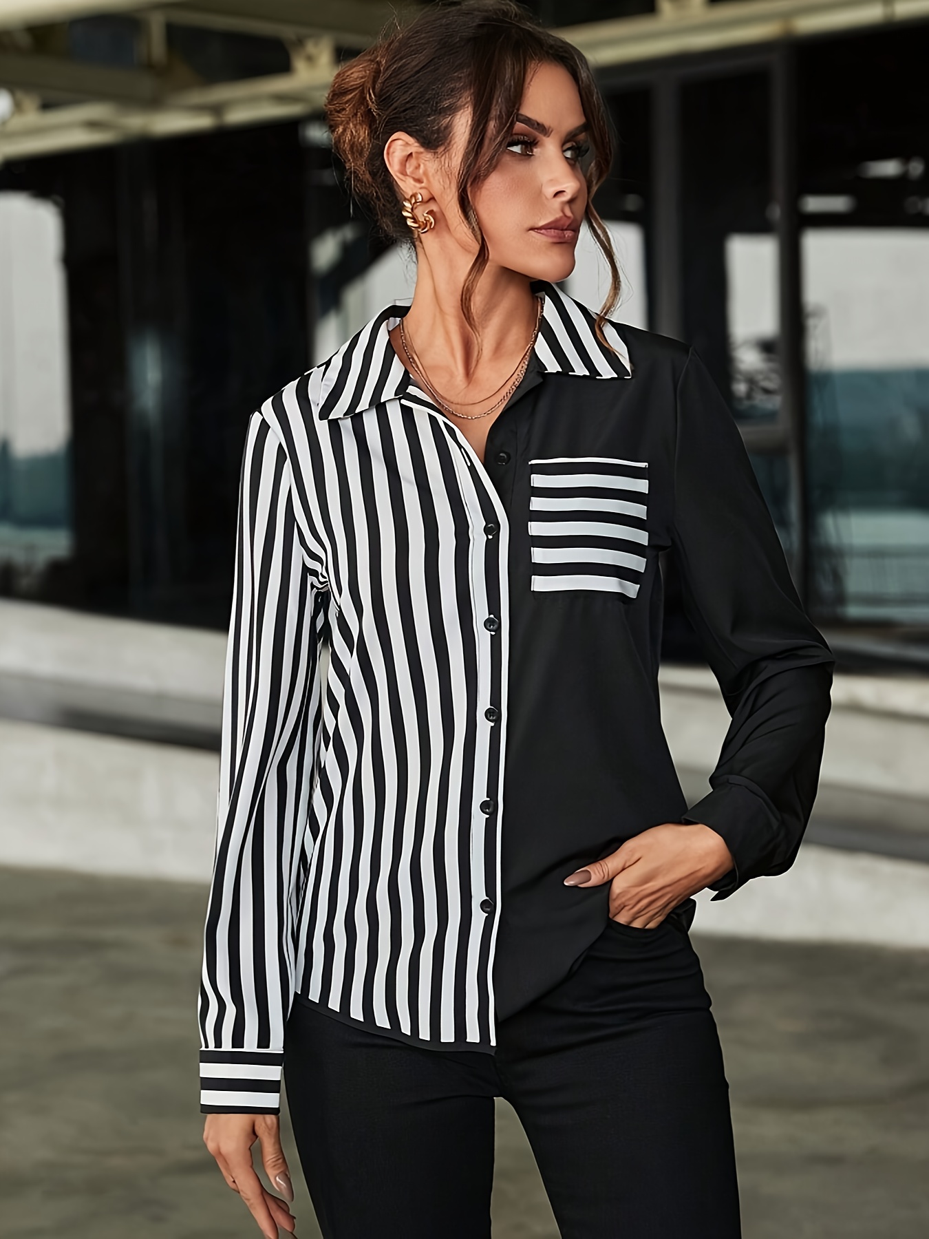 Striped Button Down Black And White Striped Tunic Tops Donato - Main Image
