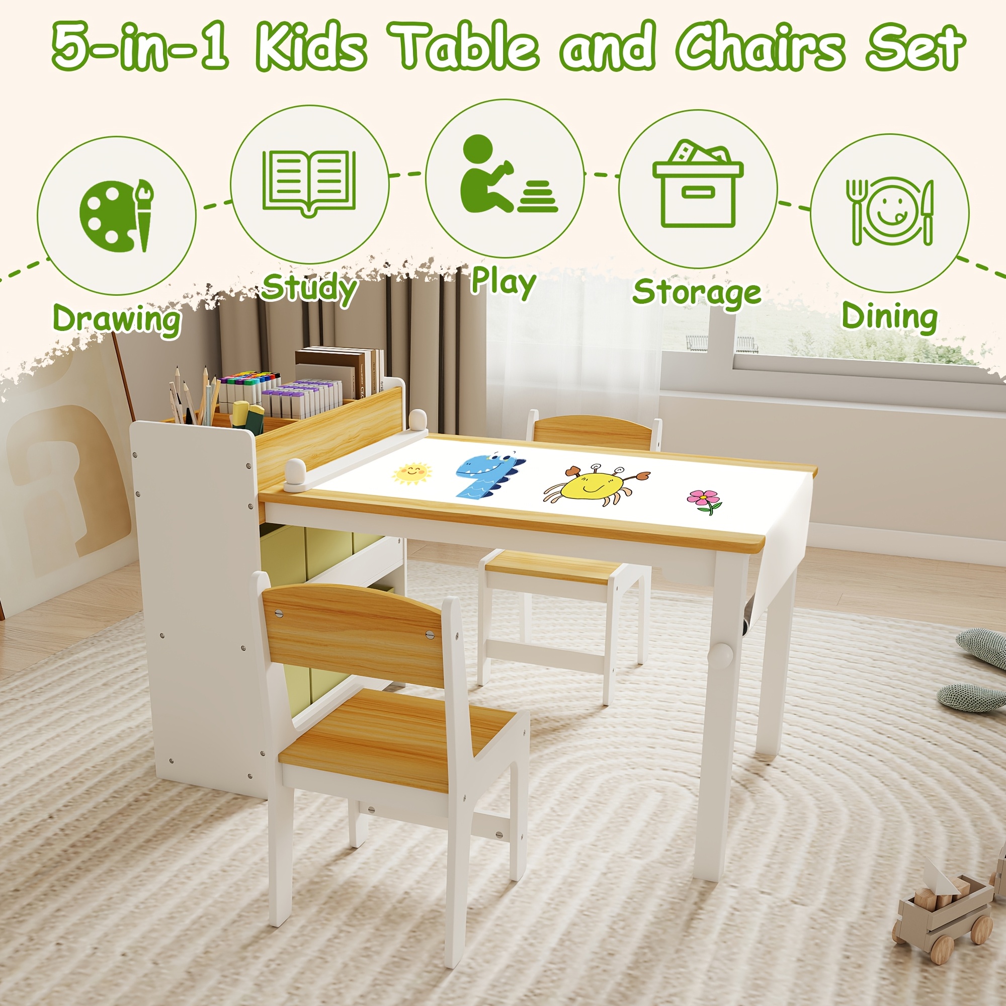 Children's Folding Art Desk & Chair Set with Storage Box & Tissue Holder - Wooden Table and Chair Suitable for, Assembly Compact Folding for Room, Playroom, Learning Table