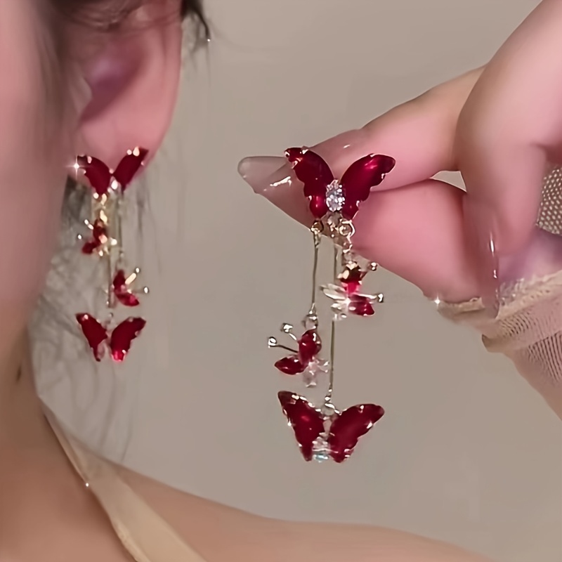 Butterfly Pendant Earrings with Sparkling Tassels