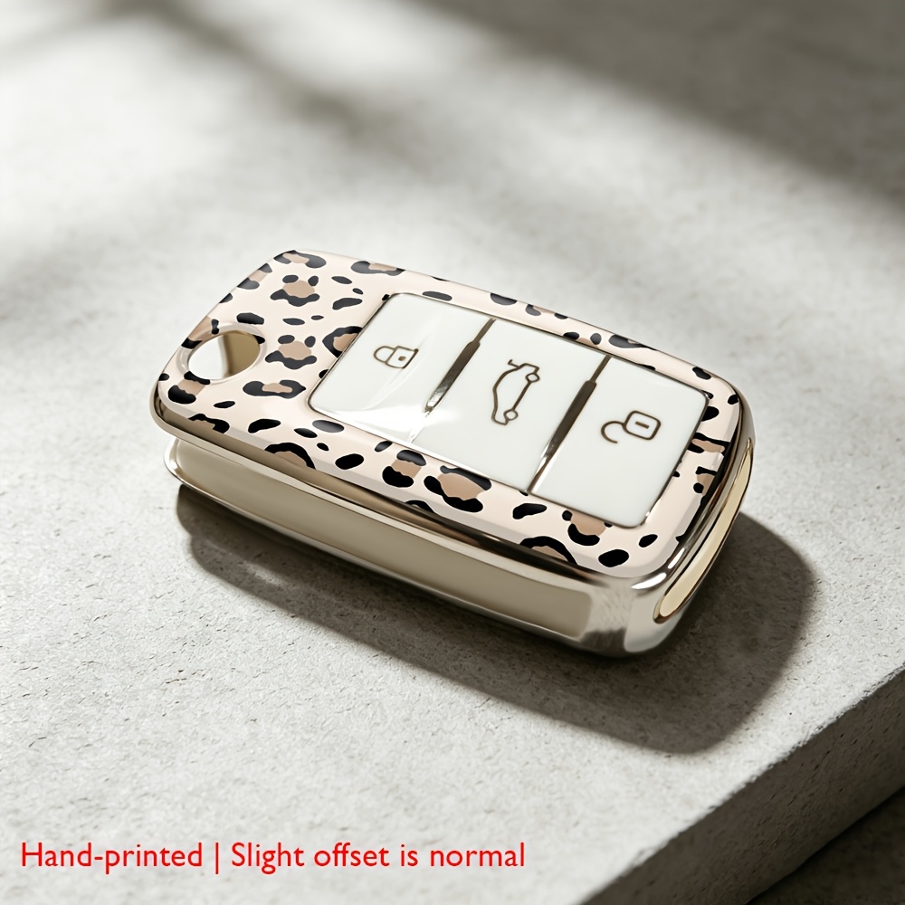 TEMU Key Cover - Leopard Print Glossy Electroplated Flip Key Cover For Golf 4 5 6 Jetta 3 Button Full Wrap Protective Key Fob Case Car Interior