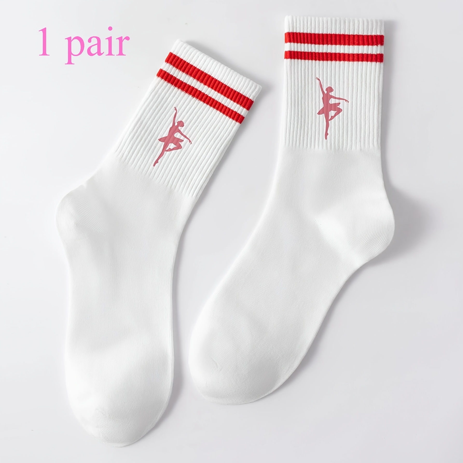 TEMU 1/5 Pairs Of Pink/black Ballerina Silhouette Mid-calf Socks â White With Red/black Striped Cuffs, Soft And Breathable Ribbed, Ballet Style,
