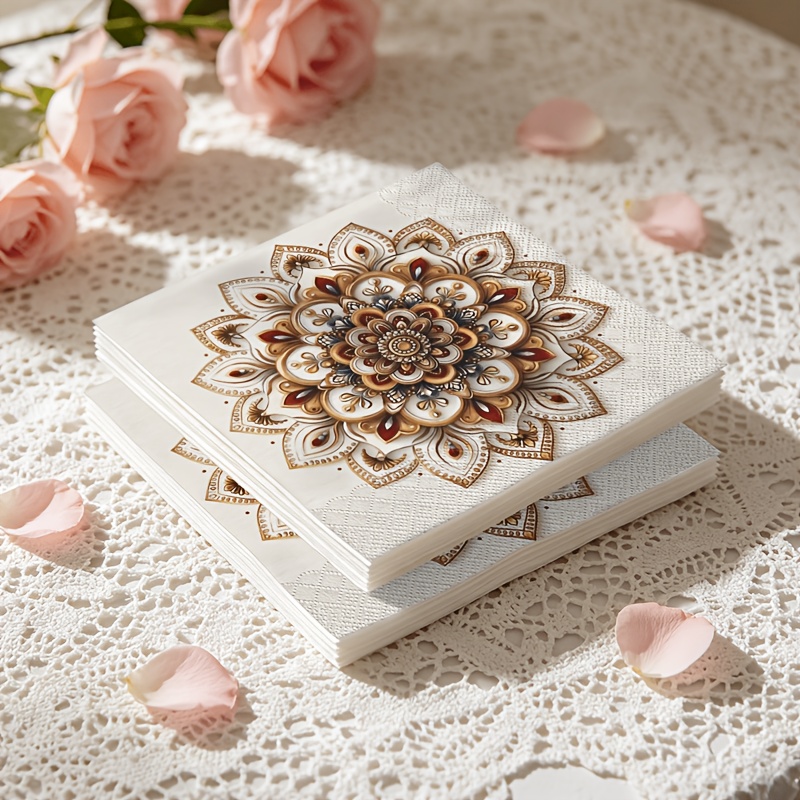 TEMU [ Product] 20pcs Napkins, Double-layer Embossed Napkins, Premium Mandala , Scheme, Soft And Comfortable, Suitable For Weddings, Parties, Family