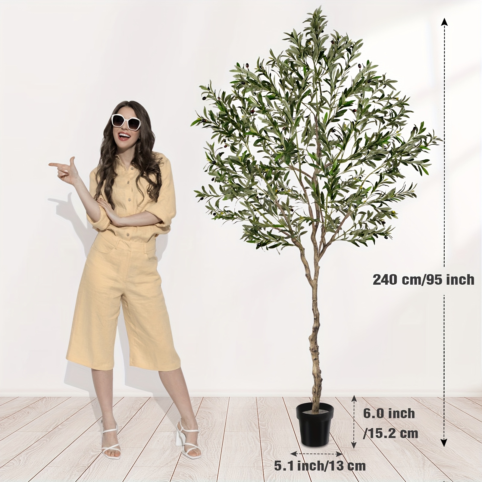 TEMU 8ft Artificial Olive Tree With Natural Trunk & Realistic Leaves Olives, Pre-potted Low Maintenance Modern Minimalist Statement Plant For Indoor
