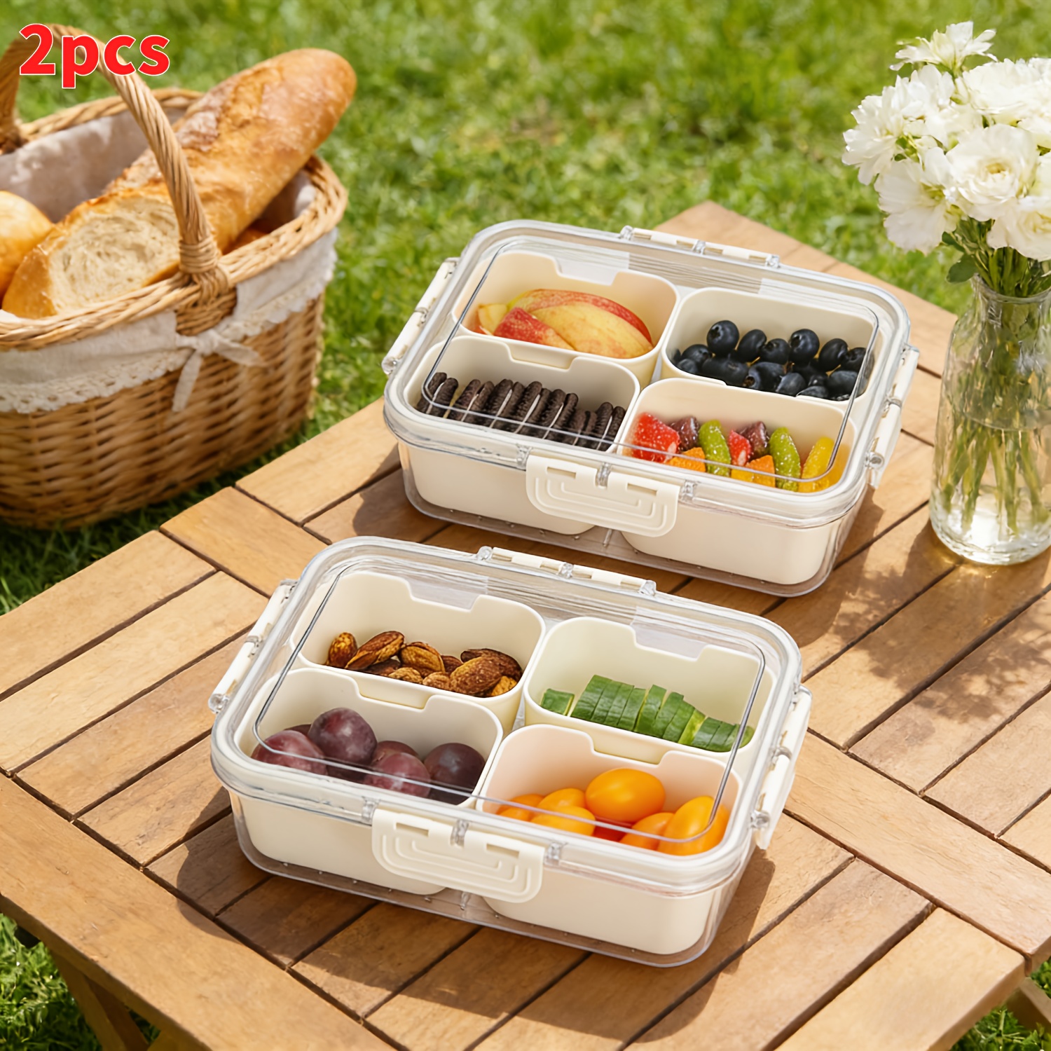 TEMU 2pcs Compartmentalized Fruit Storage Container - 4-section Tray With Lid And Handle, Portable Picnic Box, Food Treat Travel Bento Box, , Easy To