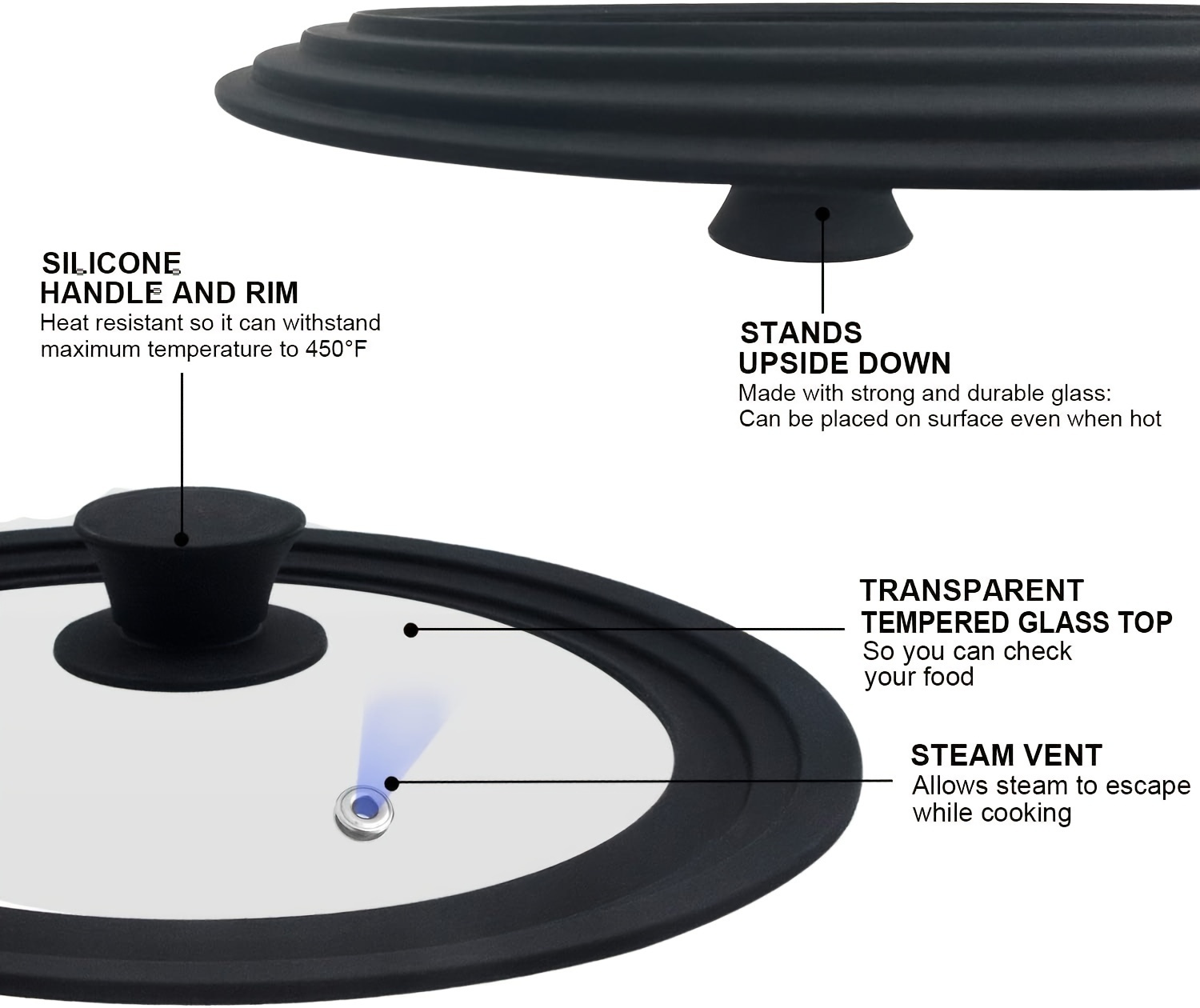 versatile tempered glass pot lid with silicone   fits 7 8 to 11 02 pots dishwasher   resistant up to 450 f non slip knob   skillets flat bottom pans details 3