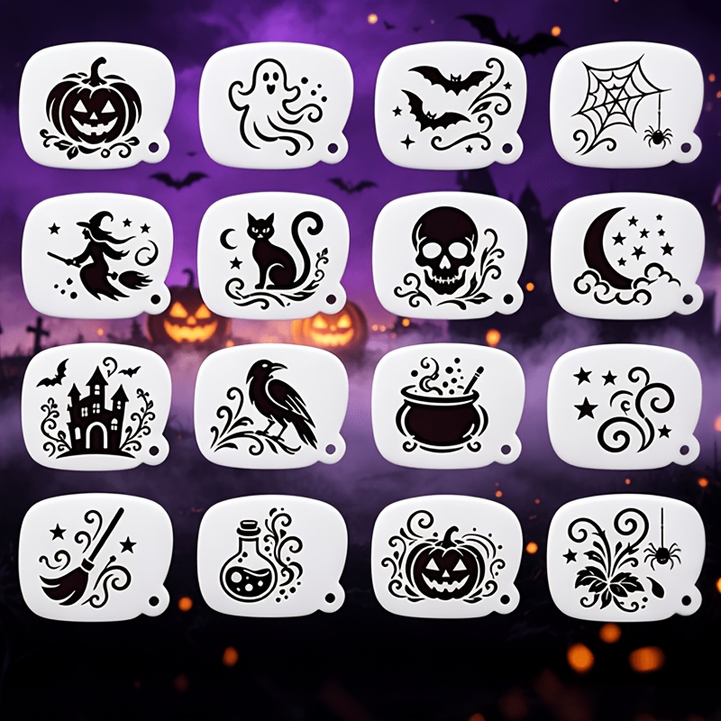 TEMU Ensemble de 16 modèles réutilisables pour peinture d'adultes pour Halloween, modèles en matériau PET, outils de peinture Gothique /Murier//Toile