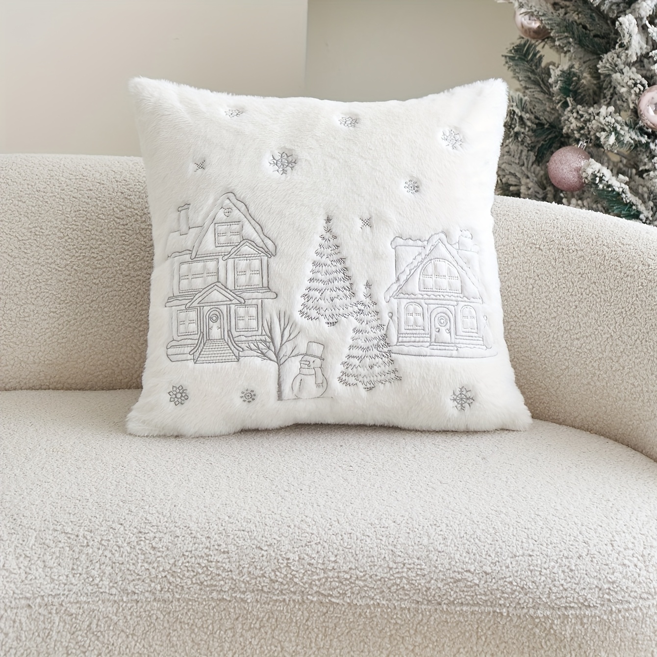 Image of Autumn Winter Christmas Style Faux Rabbit Fur House Pine Tree Snowman 3d Embroidered Pillow Cover, 1pc, Home Decor For Sofa, Living Room, Bedroom, Party, And Settings