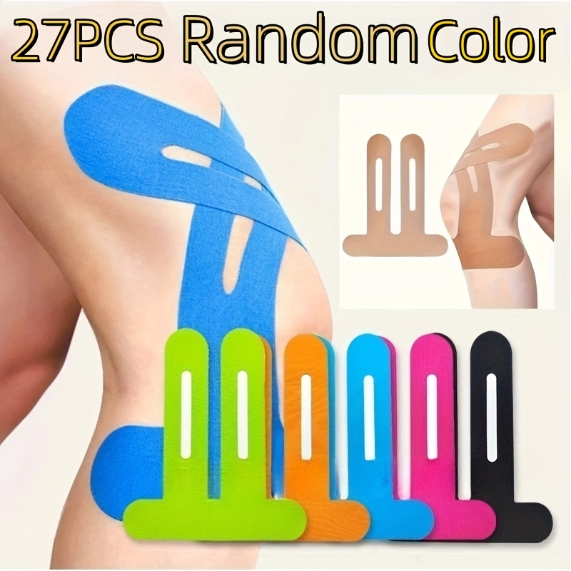 27pcs Random Color Pre-cut Kinesiology Tape Knees, Breathable, Light Blue, Athletic Support Running, Hiking, Cycling