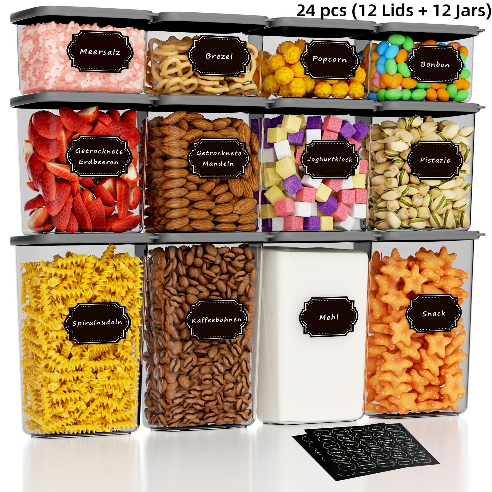 E-shop 24-teiliges Set (12 Deckel + 12 Behälter) Aufbewahrungsboxen für Mehl, Reis, Zucker, Müsli, Getreide Spaghetti, geeignet für die Küche,