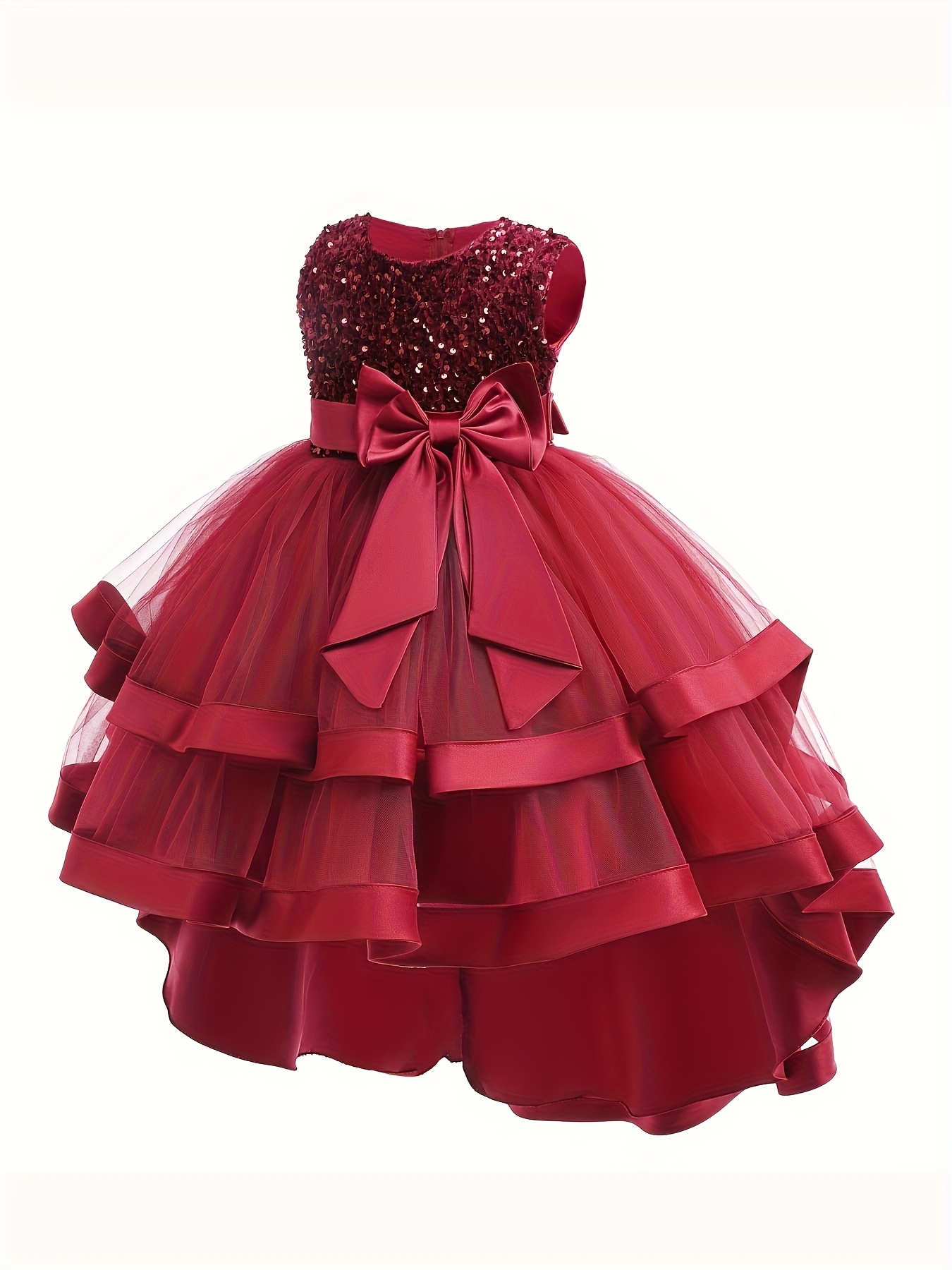 Red princess party dress with layered ruffled skirt and bow