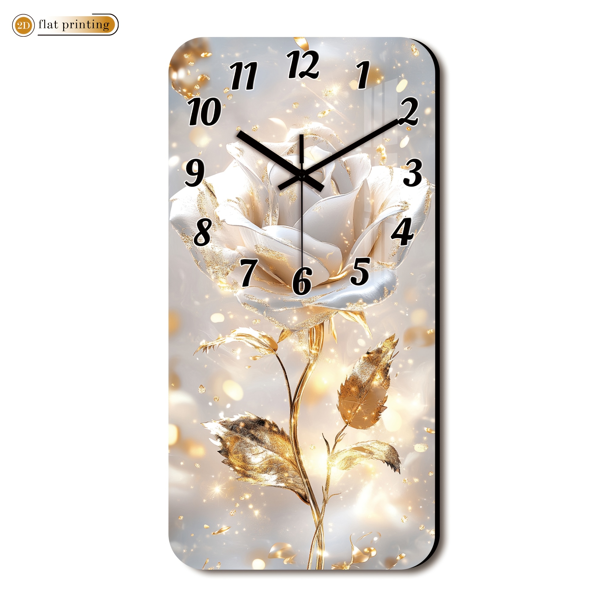 TEMU 1pc Floral Wall Clock With Golden Accents, Wooden Rectangular Silent Wall Clock For Home Use- 2d Flat Printing, Suitable For Living Room, Office