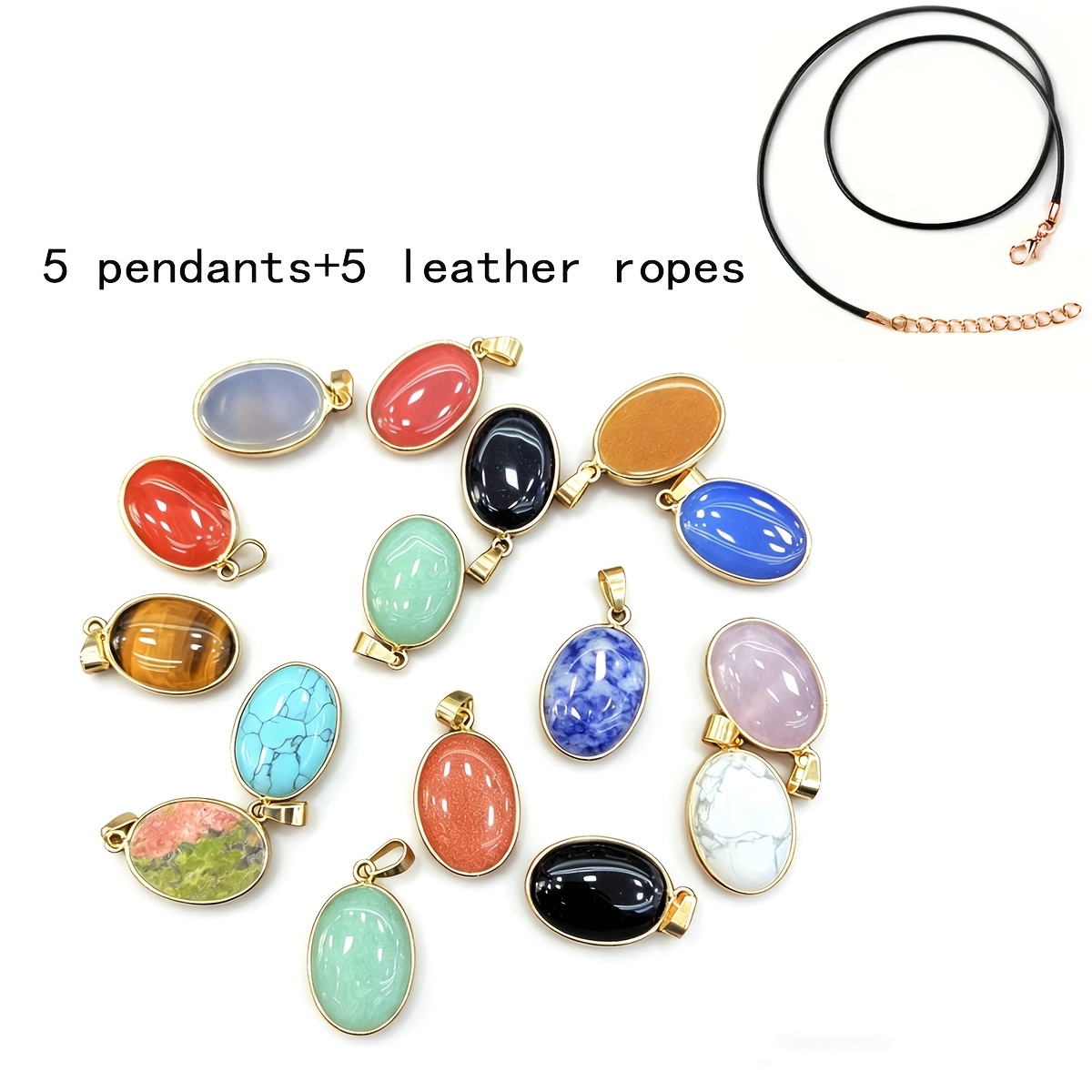 TEMU 10pcs Set Natural Stone Oval Gilded Edge Fashion Pendant Jewelry Making Necklace Suitable For Daily Wear Holiday Gift [5pcs Pendant And 5pcs