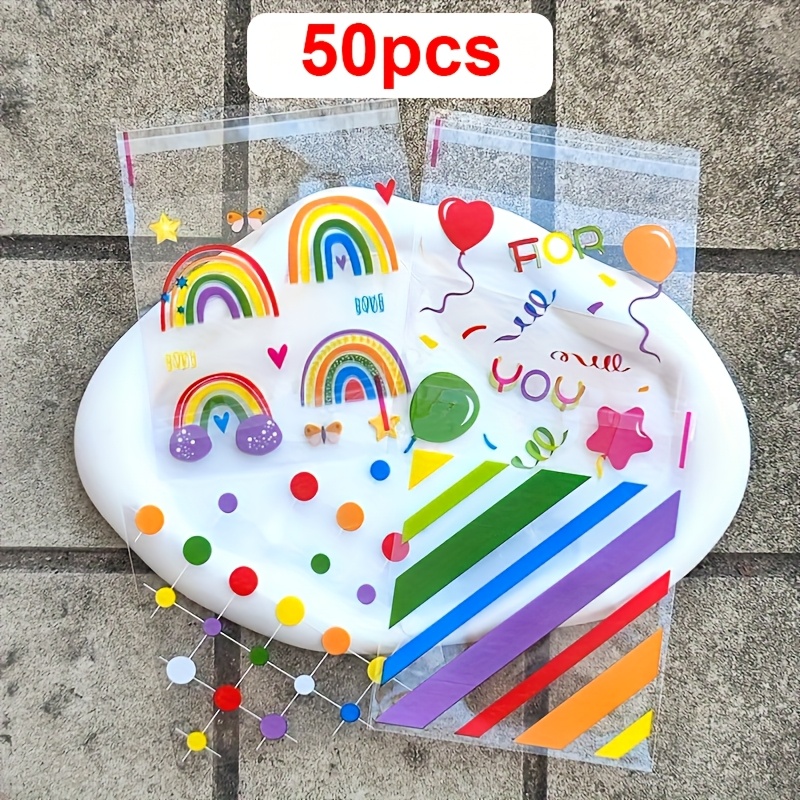 50pcs Of Multicolored Rainbow-striped And Polka Dot Gift Bags, Self-adhesive Rainbow Printed Packaging Bags - Ideal For Wrapping Small Gifts For Birthdays, Themed Parties, Weddings, And Celebrations