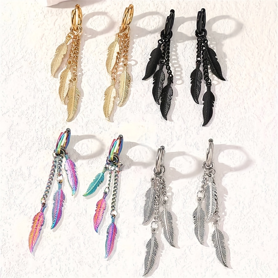 

Colorful Neutral Stainless Steel Cool Feather Earrings, Street Charm Earrings For Men And Women Bikers