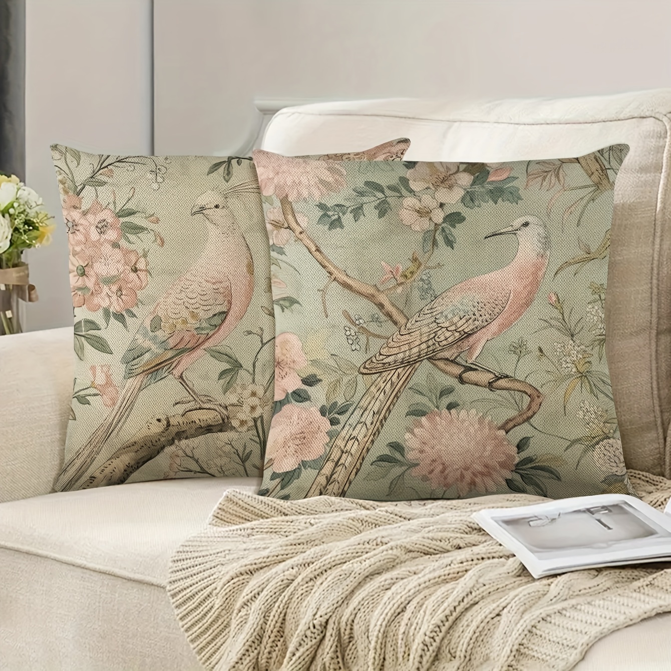 

2-piece Vintage Bird Design Linen Pillowcases 18x18 Inches - Zippered, Machine Washable Covers For Sofa, Bed, And Car Decor (inserts Not Included)