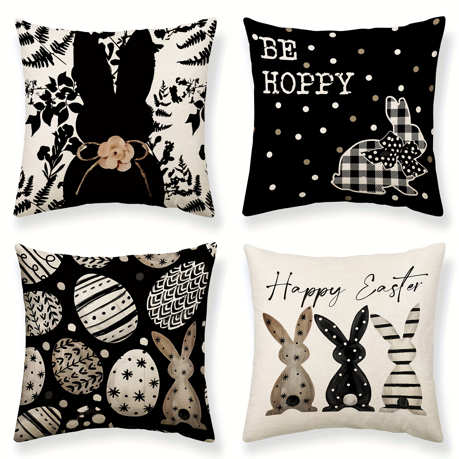 TEMU 4pcs, Black Vintage Easter Throw Pillow Covers, Easter Bunny & Eggs Pillow Covers, Easter Decoration, Spring Decor, 17.7 X 17.7inch For Room Sofa Couch Decor, Holiday Party Decor, No Pillow