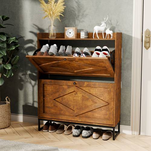 shoe storage cabinet with 2 flip drawers freestanding narrow shoe organizer metal legs wood back space saving entryway hallway cabinet for small spaces shoe cabinet rustic decor durable construction apartment living