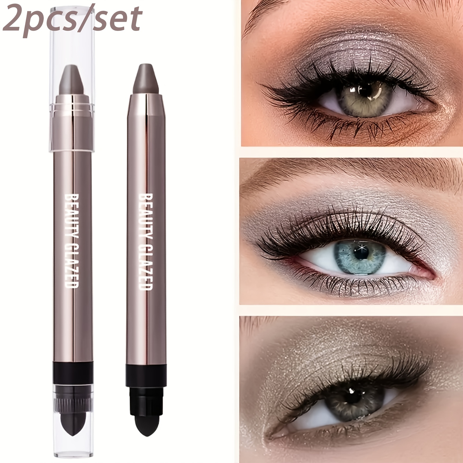 Image of 2pcs Beauty Glazed Pearlescent Smoky Eyeshadow Stick - Waterproof Shimmer Stick For Stunning Eye Makeup, Creamy Eyeshadow Bars For Looks, Ideal For Parties & Holiday Gifts (neutral & Gray)