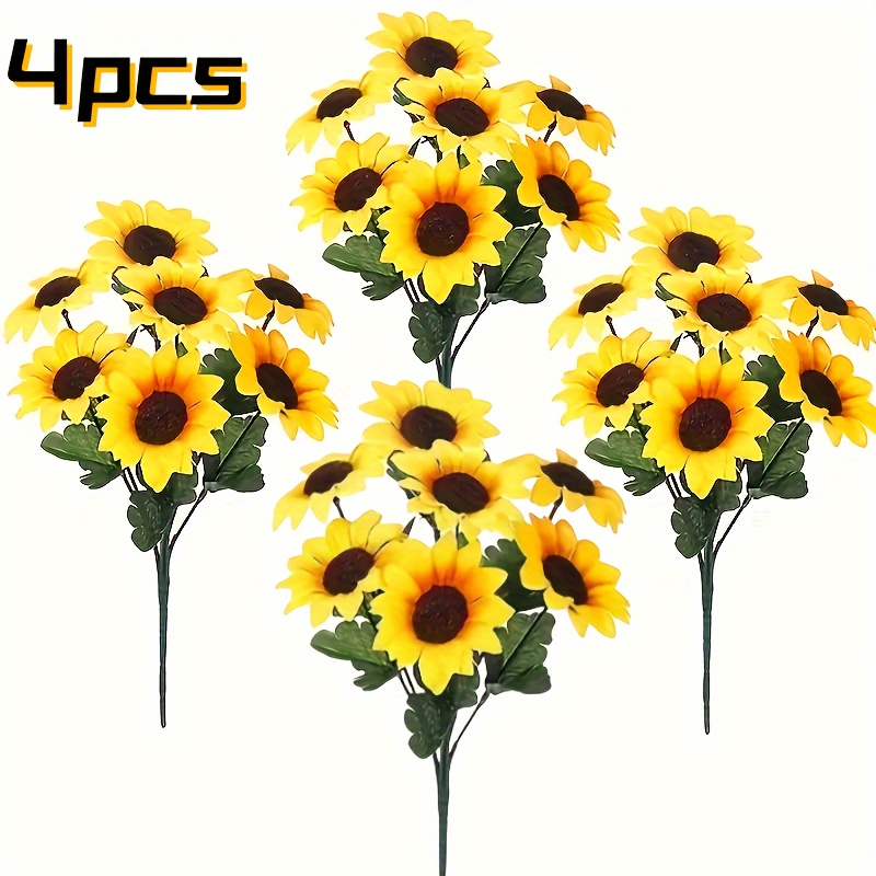 

4 Bunches, Sunflower Artificial Bundles With Stems Bouquet Fake Plants Uv Resistant Plastic Greenery Faux Outdoor Flower Plants No Fade For Garden Porch Window Box Decorating