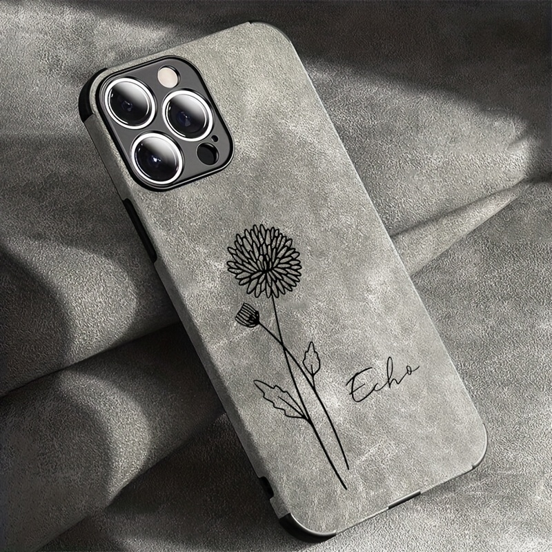 Fashionable Laser Engraving Personalized Customized Name Birthday Flower Phone Case for iPhone 16 15 14 13 12 11 Pro Max Plus Lambskin Faux Leather Soft DIY 3D Engraved Gift Cover for Valentine's Day Gift, Birthday Gift 16 Pro Max