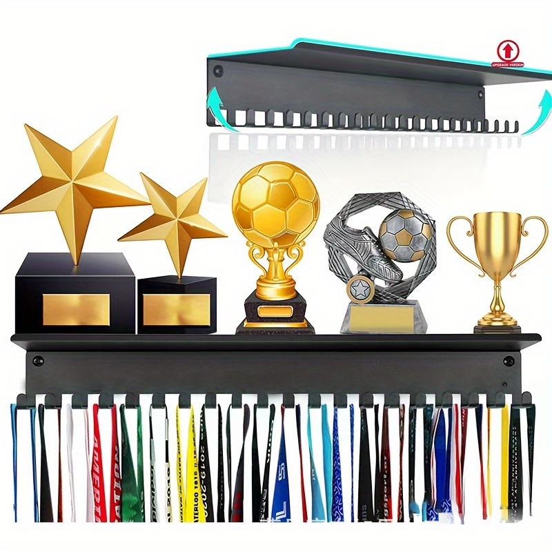 

Sleek Black Metal Medal Display Rack With Blue Accents - Easy-to-install, Modern & Trophy Holder For Sports - Ideal Motivational Gift, Medal Hanger Display