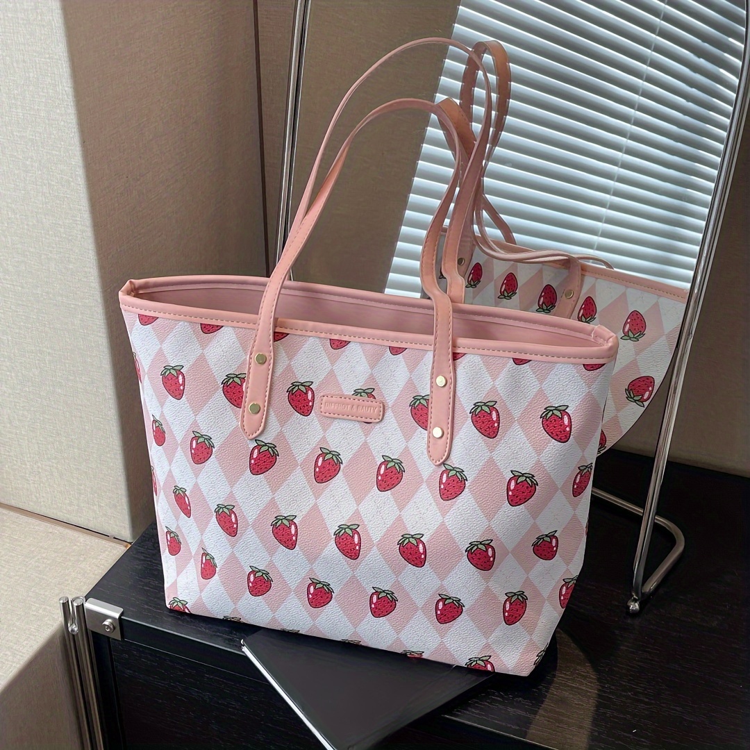 

Strawberry Print Pu Leather Tote Bag, New Large Capacity Handbag, Versatile Commuter Shoulder Underarm Bag