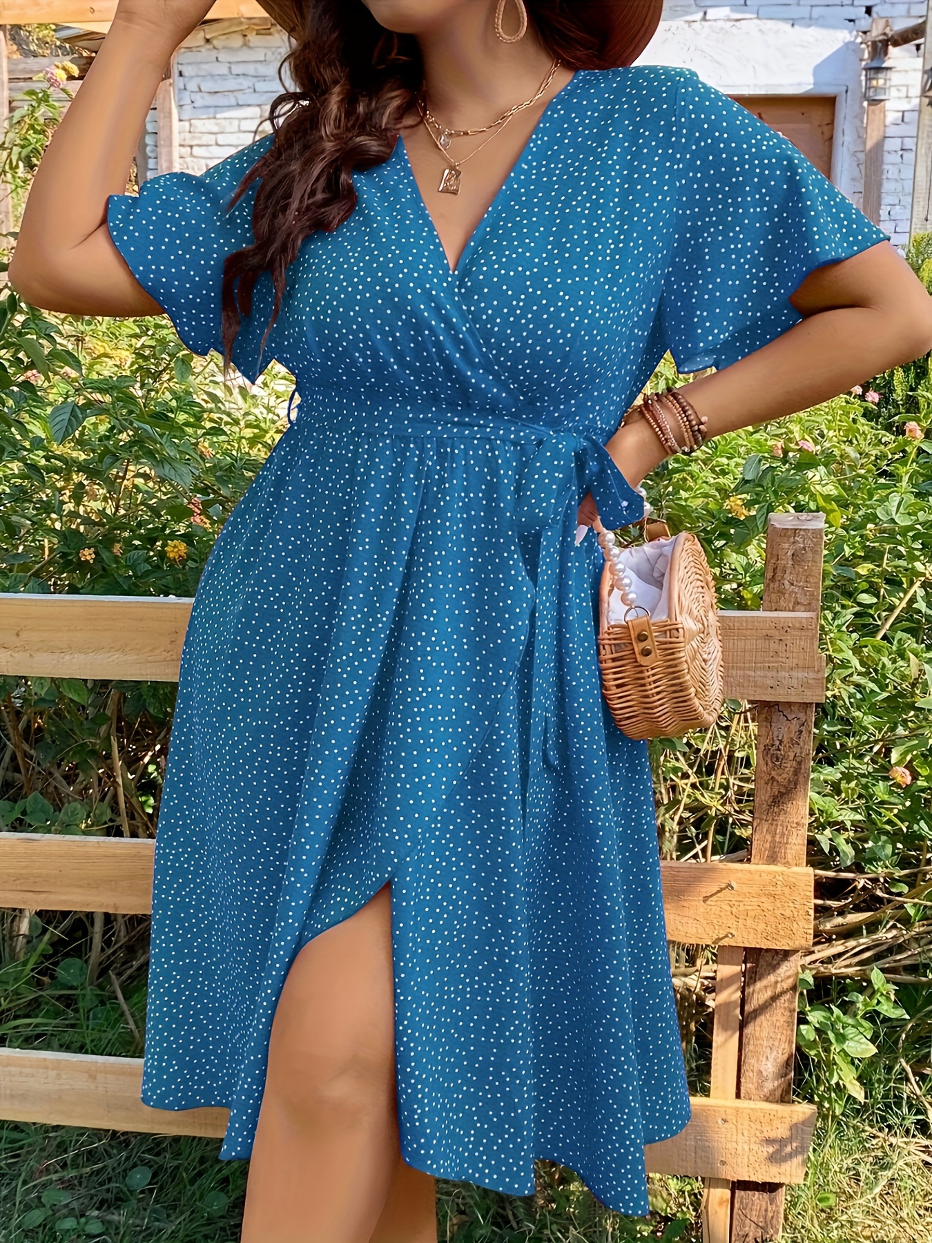 plus size polka dot print belted dress elegant short sleeve Temu